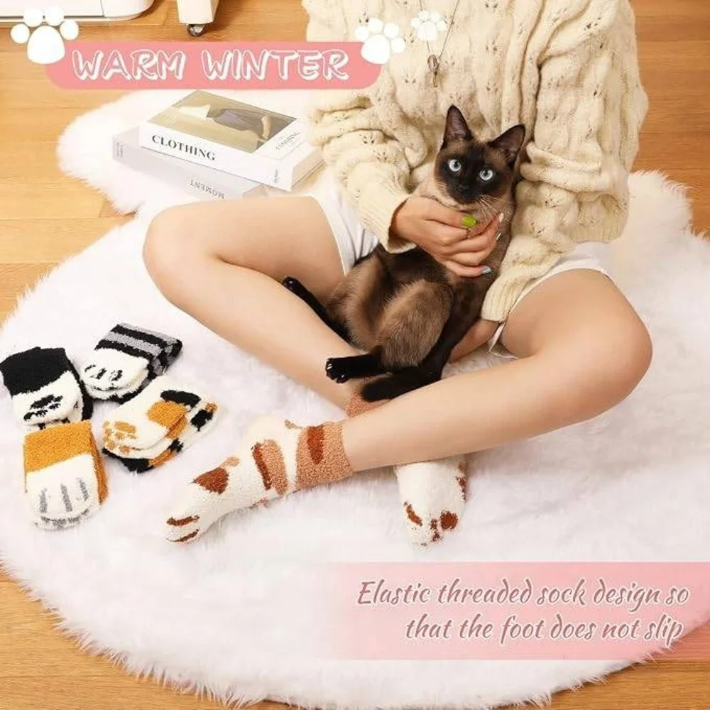 fauson 5 Pairs Fuzzy Socks for Women - Warm Cat Socks Fluffy Winter Plush Slippe